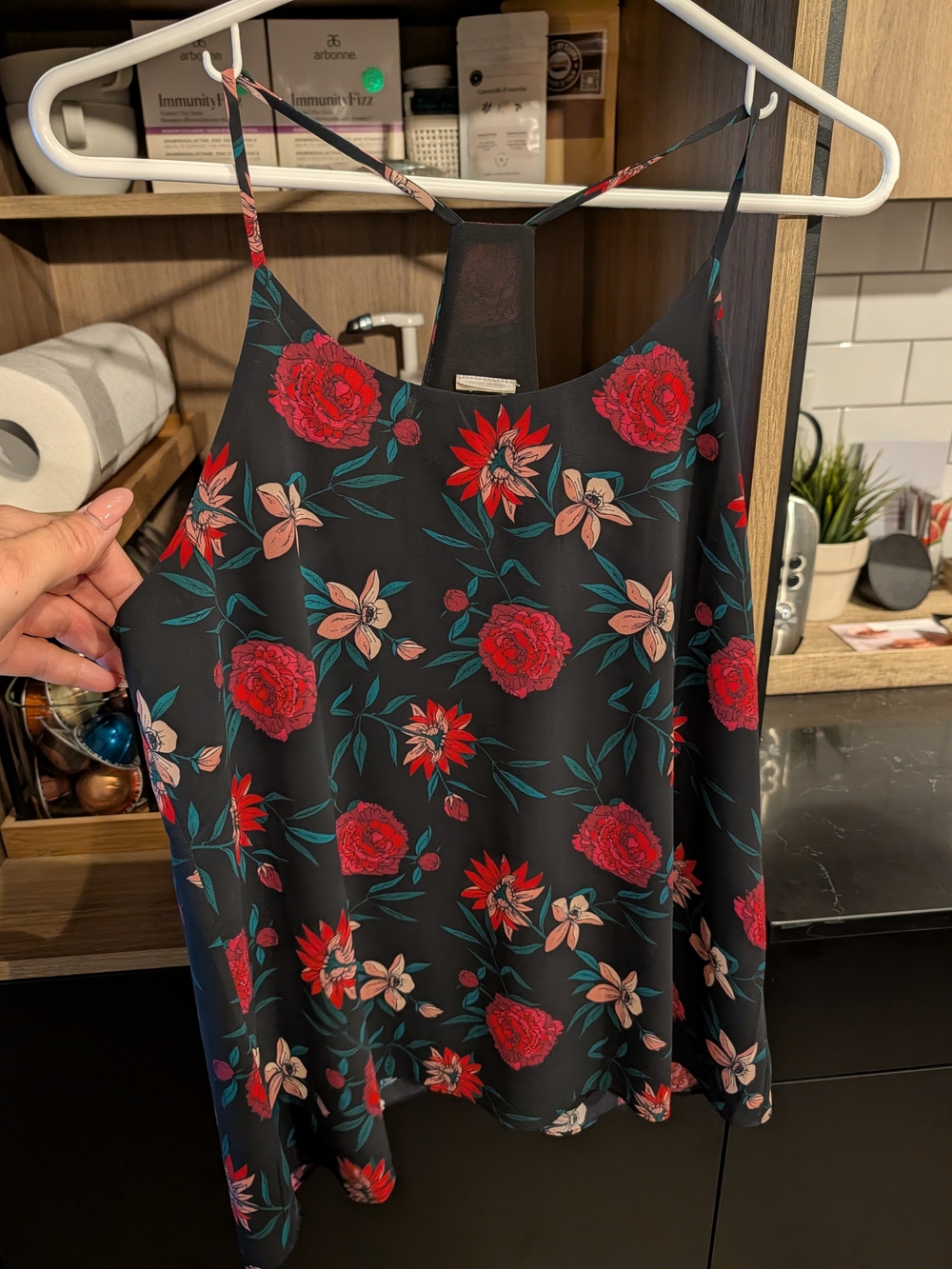 Floral Satin Camisole Tank Top - Black with Red & Pink Flowers